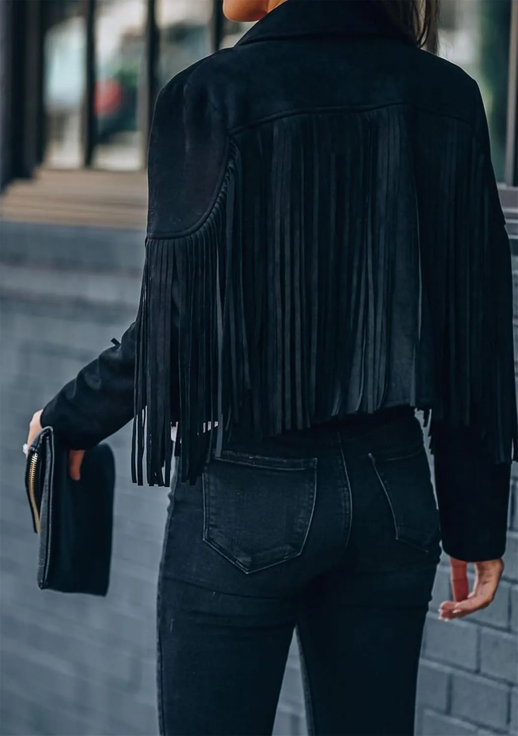 YMING Womens Faux Suede Tassel Cropped Jacket Long Sleeve Fringe Coat Vintage Motorcycle Jackets