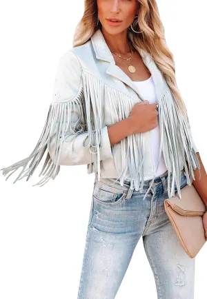 YMING Womens Faux Suede Tassel Cropped Jacket Long Sleeve Fringe Coat Vintage Motorcycle Jackets