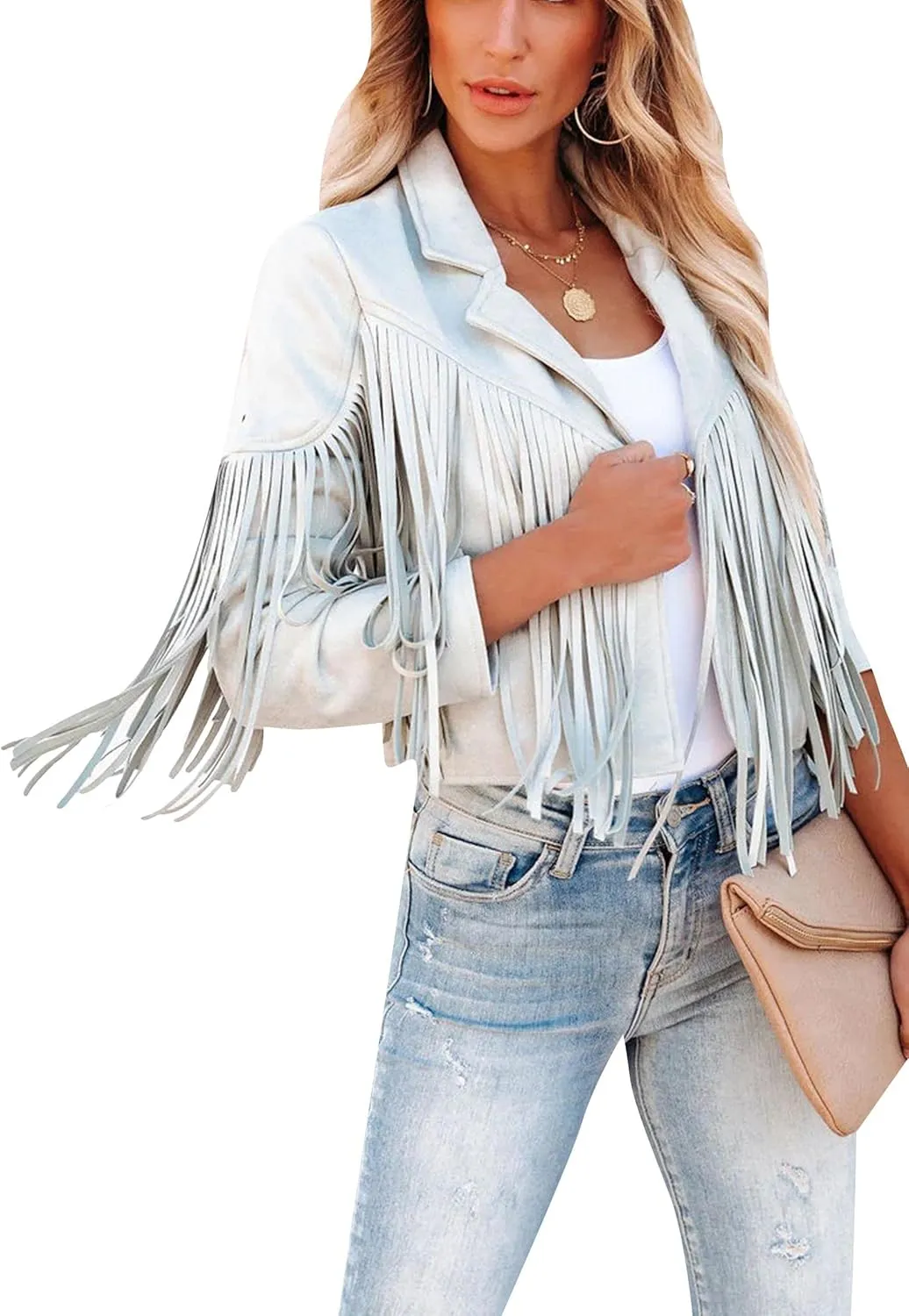 YMING Womens Faux Suede Tassel Cropped Jacket Long Sleeve Fringe Coat Vintage Motorcycle Jackets