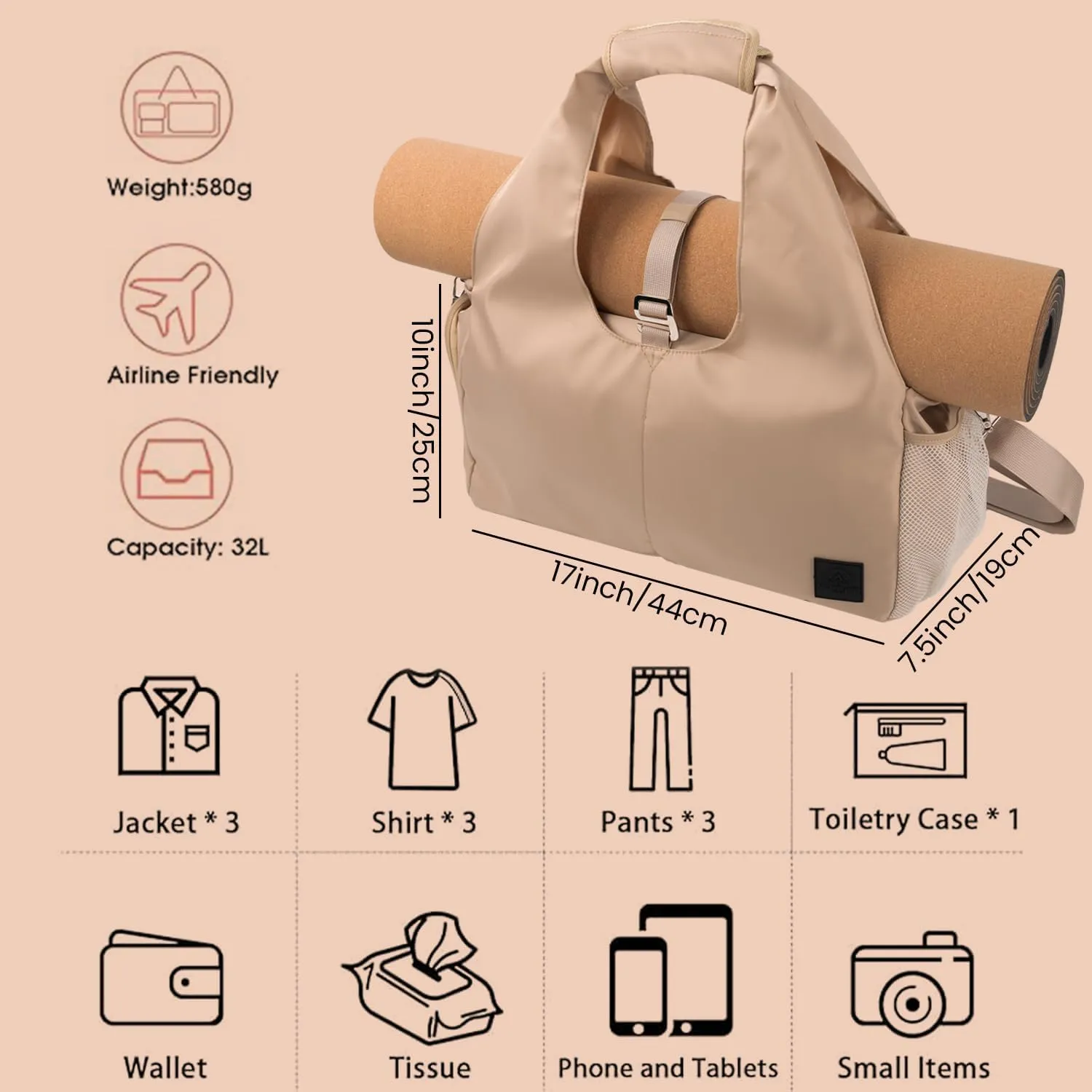 Yoga Bag for Women, Carryall Polyester Yoga Gym Bag Tote Bag for Pilates Bag Shoulder for Travel Office Beach Workout