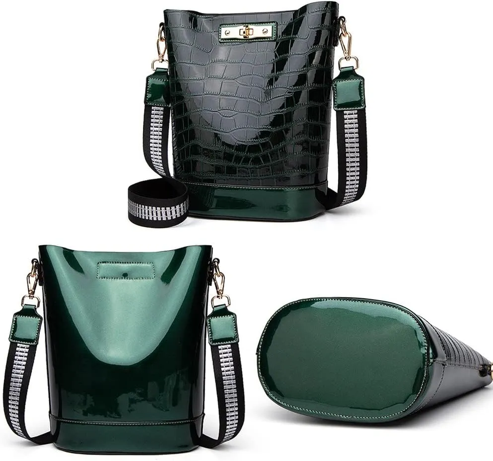 Yohora Women's Crocodile Print Shoulder Bag Large Capacity Patent Leather Crossbody Bag Retro Satchel Purse with Inner Pouch