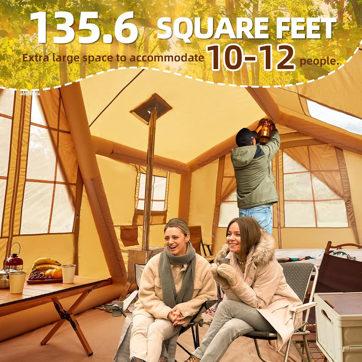 YOLENY Inflatable Tents for Camping, 4/6/8/10/12 Person Tent with TPU Skylight, Mesh Windows & Pump, Easy Setup 4 Season Glamping Tent, Waterproof & Windproof