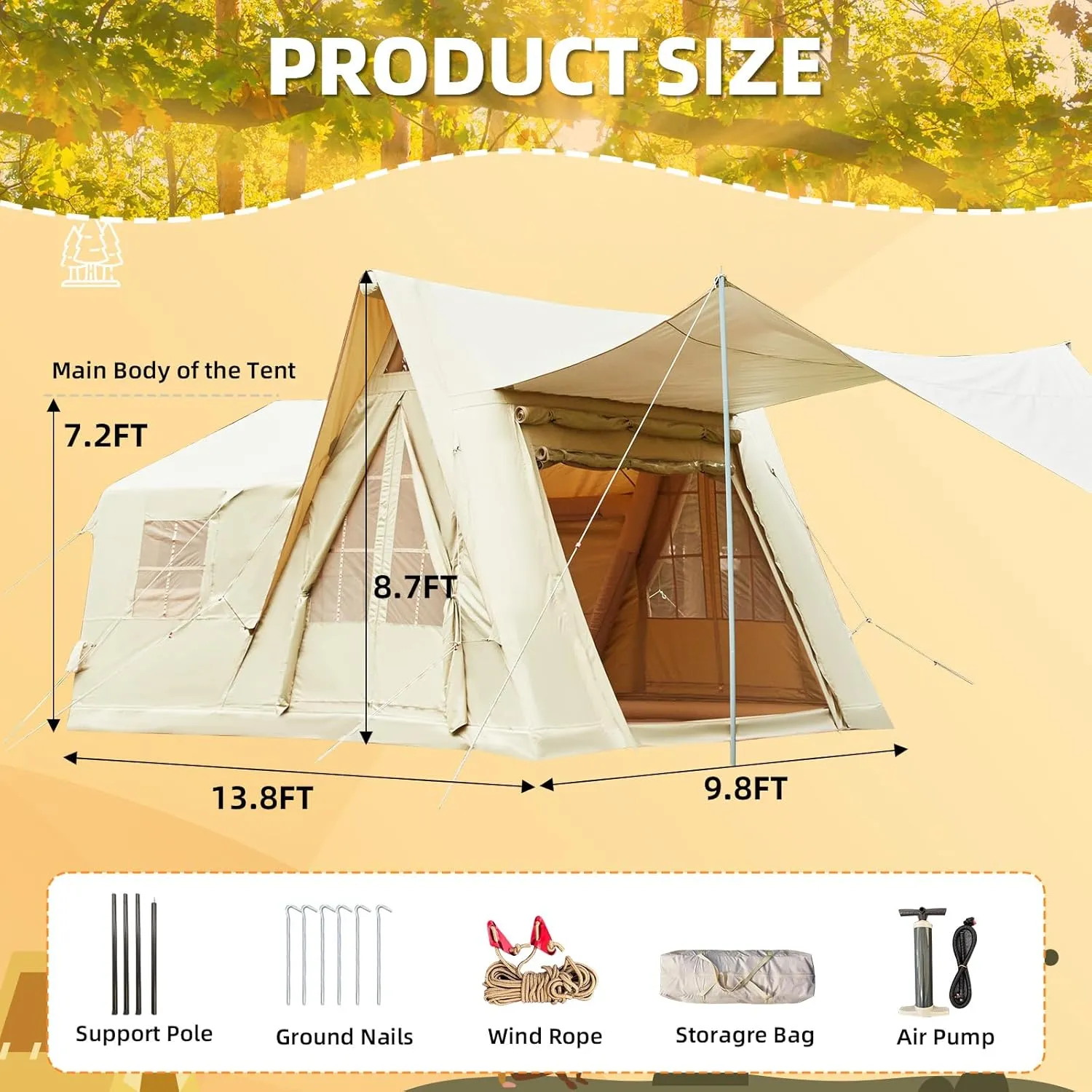 YOLENY Inflatable Tents for Camping, 4/6/8/10/12 Person Tent with TPU Skylight, Mesh Windows & Pump, Easy Setup 4 Season Glamping Tent, Waterproof & Windproof