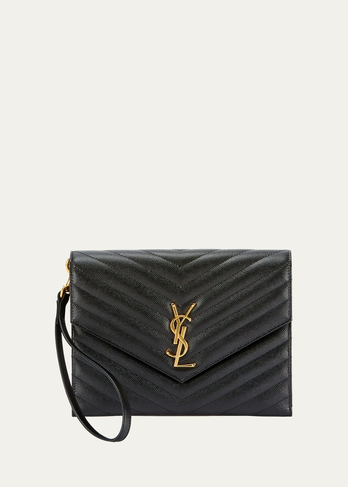 YSL Monogram Flap Clutch Bag in Grained Leather
