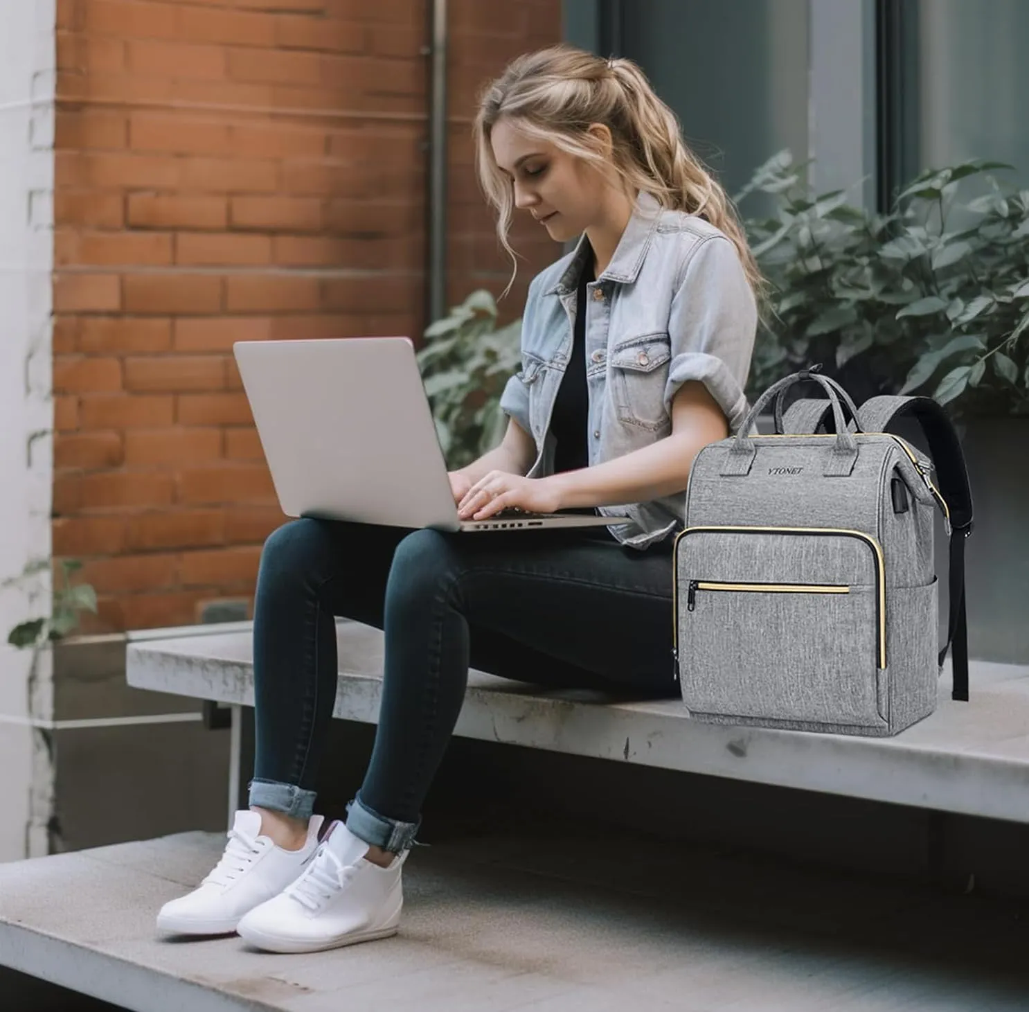 Ytonet Backpack for Women, 15.6 Inch Bookbag for Women Laptop Bookbag, Wide Open Anti-Theft Teacher Backpack College School Work Nurse Bag, Water Resistant Business Computer Bag, Grey