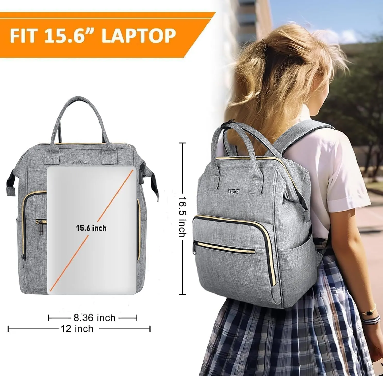 Ytonet Backpack for Women, 15.6 Inch Bookbag for Women Laptop Bookbag, Wide Open Anti-Theft Teacher Backpack College School Work Nurse Bag, Water Resistant Business Computer Bag, Grey