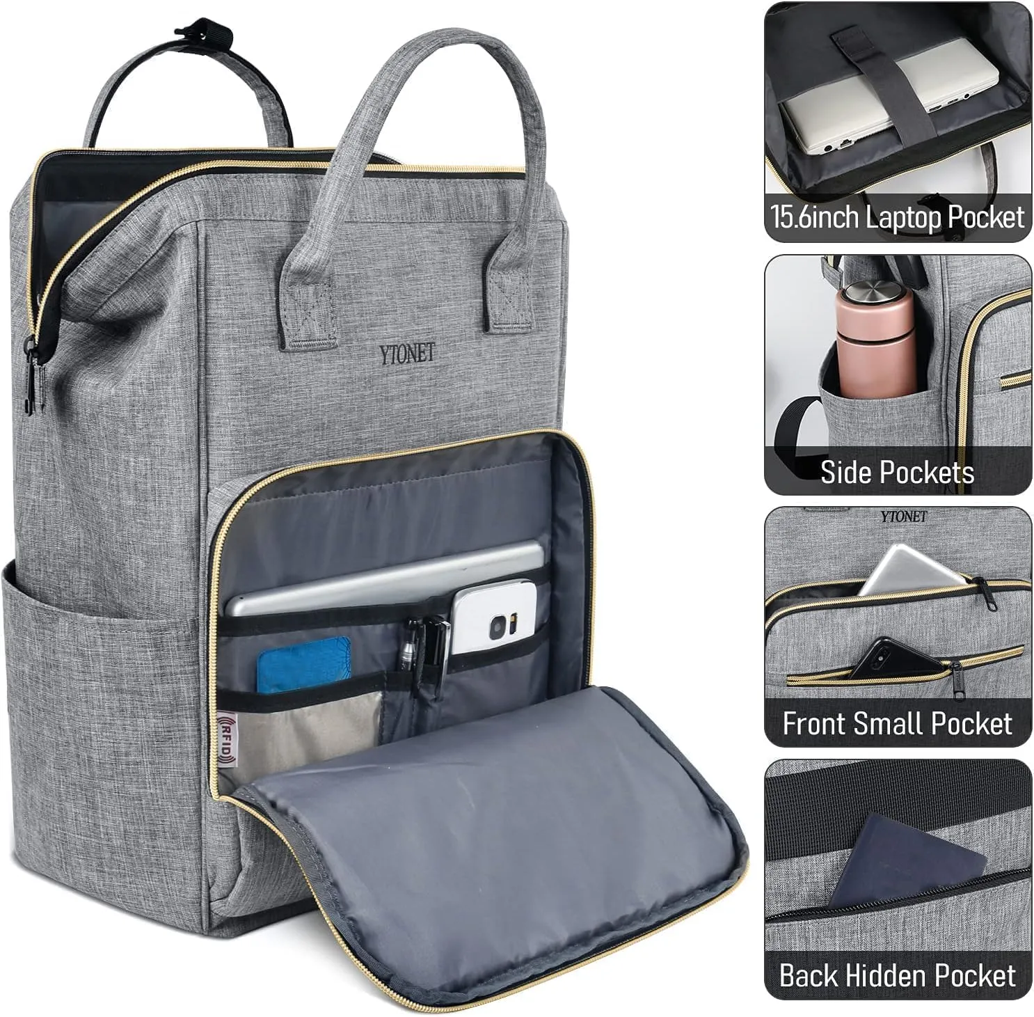 Ytonet Backpack for Women, 15.6 Inch Bookbag for Women Laptop Bookbag, Wide Open Anti-Theft Teacher Backpack College School Work Nurse Bag, Water Resistant Business Computer Bag, Grey