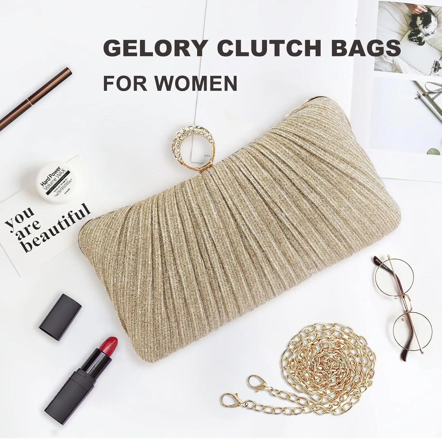 YYW Evening Handbags Sparkling Clutch Purses Women Pleated Party Bridal Wedding Evening Bag with Chain