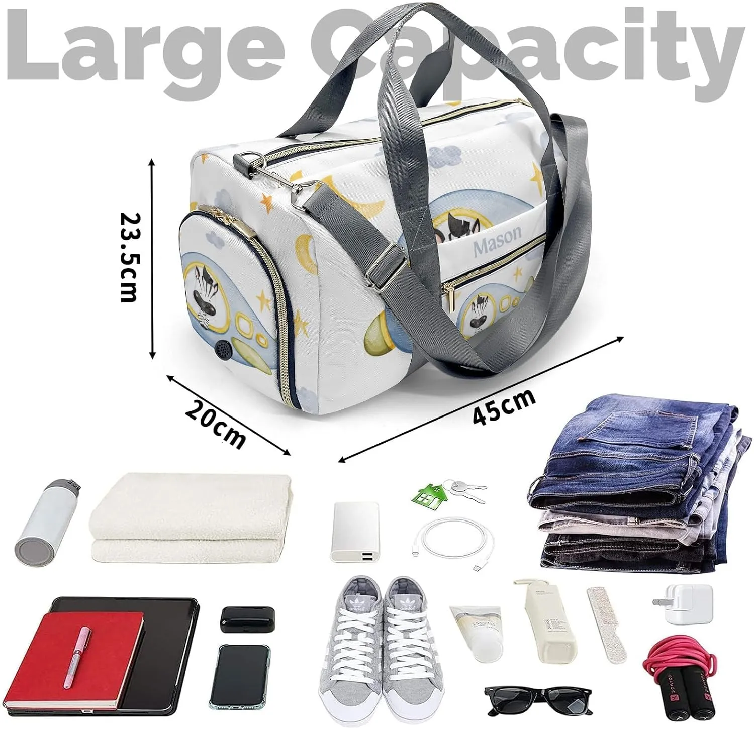 Zebra Helicopter Watercolor Personalized Duffel Bag,Custom Travel Gym Bag with Name,Waterproof Sports Overnight Bag with Shoe Compartment & Shoulder Strap
