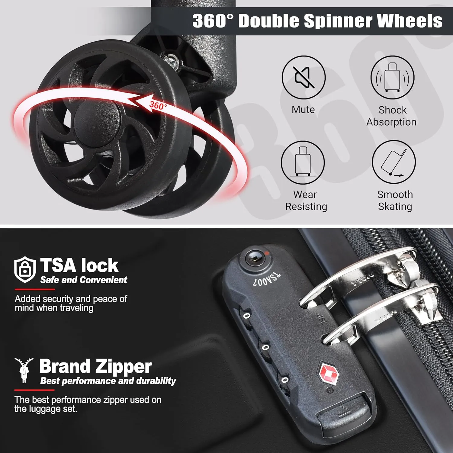 Zebra Luggage Sets 5 Piece, Carry-On Luggage with Spinner Wheels, PC ABS Lightweight Hardside Business Travel Suitcase Set with TSA Lock, Bonus Travel Backpack & Makeup Bag, 20/24/28 inch, Black