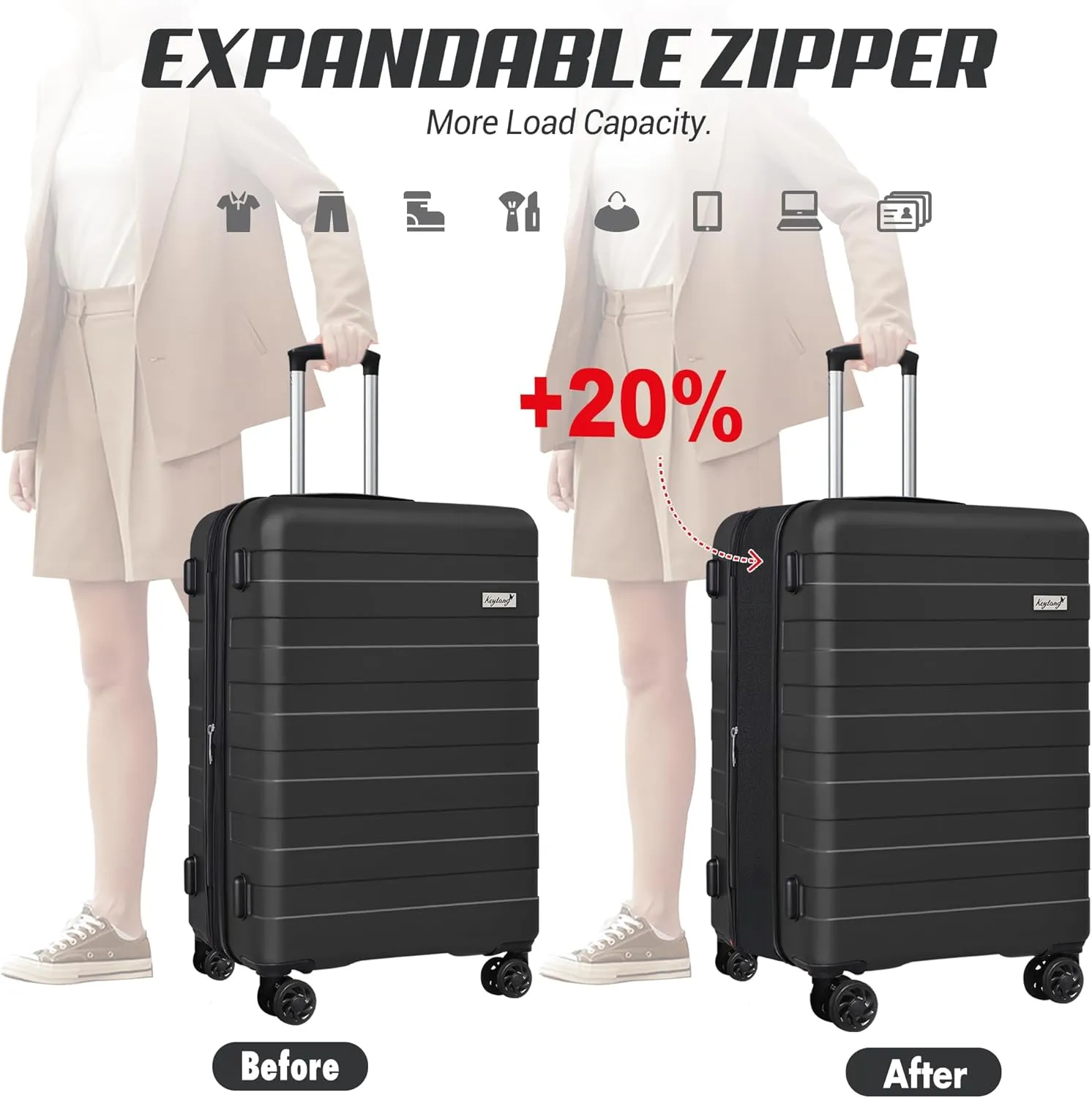Zebra Luggage Sets 5 Piece, Carry-On Luggage with Spinner Wheels, PC ABS Lightweight Hardside Business Travel Suitcase Set with TSA Lock, Bonus Travel Backpack & Makeup Bag, 20/24/28 inch, Black