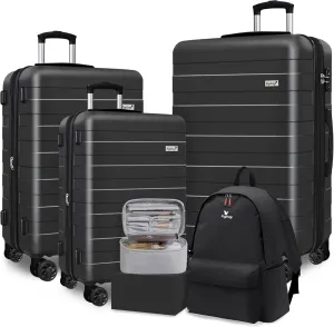 Zebra Luggage Sets 5 Piece, Carry-On Luggage with Spinner Wheels, PC ABS Lightweight Hardside Business Travel Suitcase Set with TSA Lock, Bonus Travel Backpack & Makeup Bag, 20/24/28 inch, Black