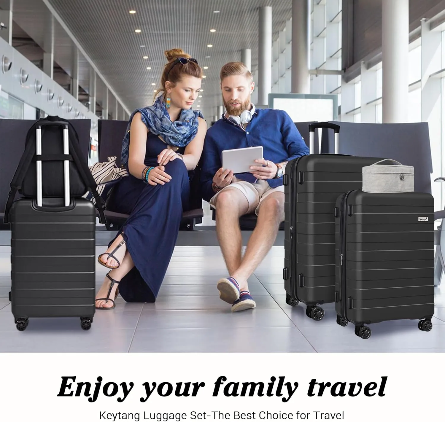 Zebra Luggage Sets 5 Piece, Carry-On Luggage with Spinner Wheels, PC ABS Lightweight Hardside Business Travel Suitcase Set with TSA Lock, Bonus Travel Backpack & Makeup Bag, 20/24/28 inch, Black