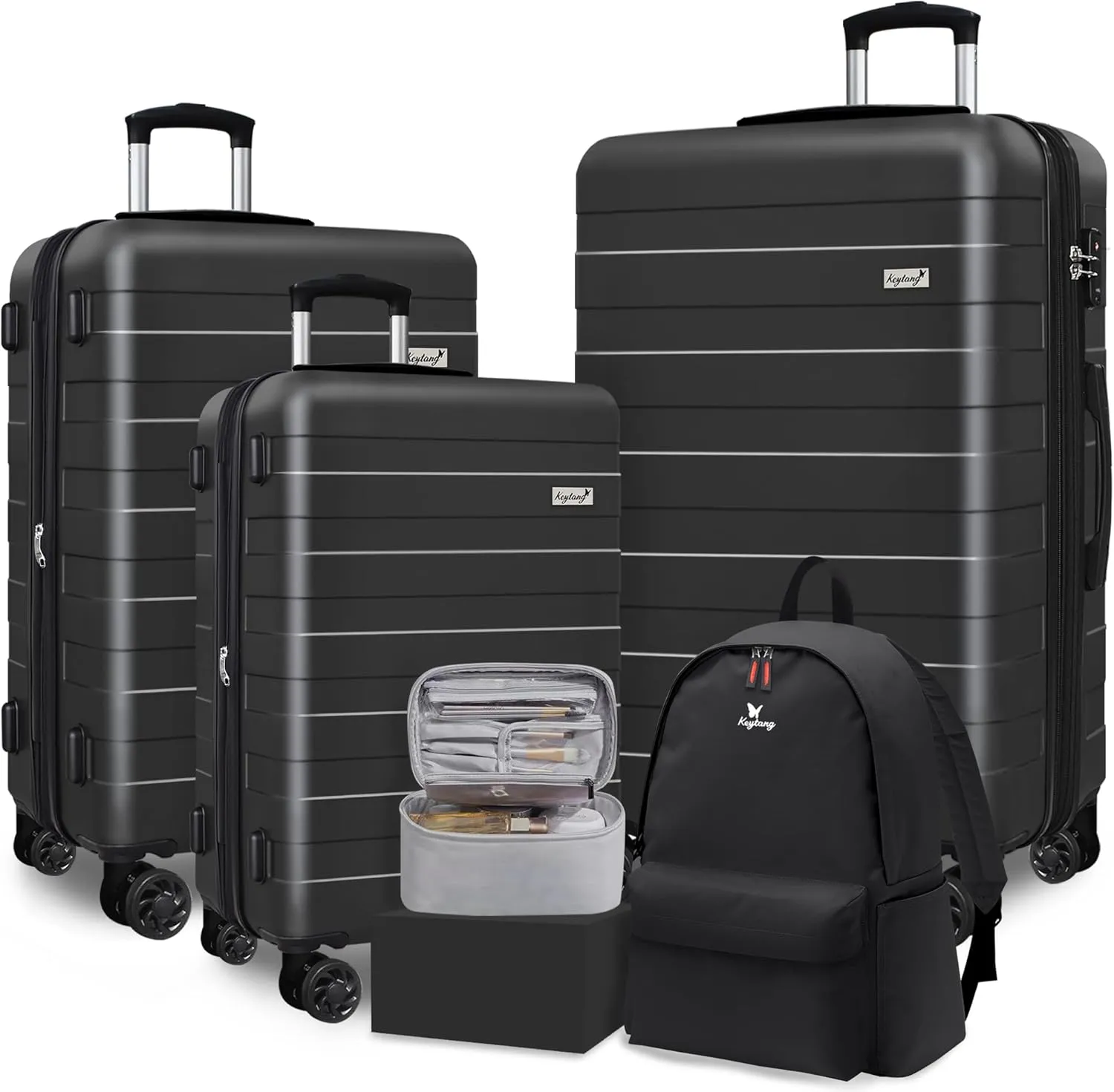 Zebra Luggage Sets 5 Piece, Carry-On Luggage with Spinner Wheels, PC ABS Lightweight Hardside Business Travel Suitcase Set with TSA Lock, Bonus Travel Backpack & Makeup Bag, 20/24/28 inch, Black