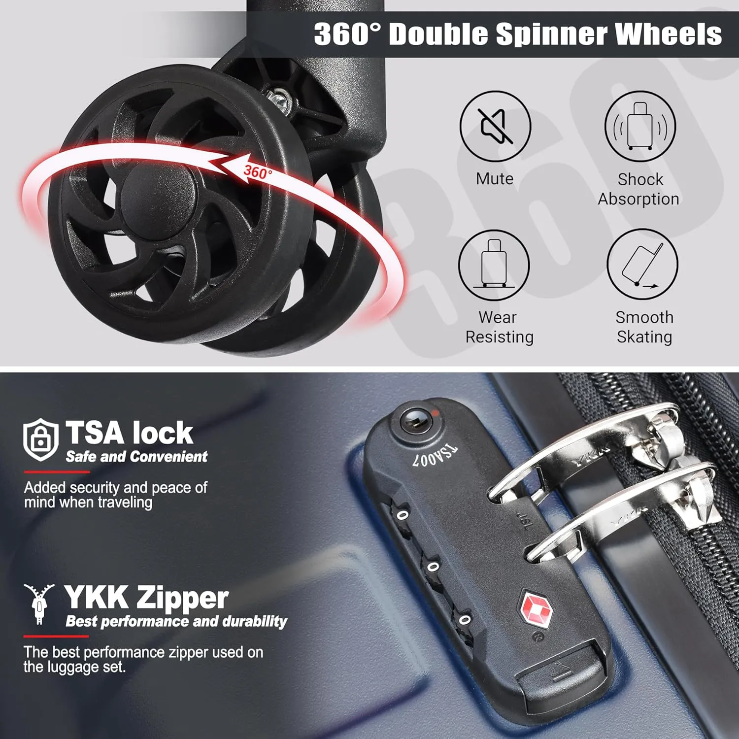 Zebra Luggage Sets 5 Piece, Carry-On Luggage with Spinner Wheels, PC ABS Lightweight Hardside Business Travel Suitcase Set with TSA Lock, Bonus Travel Backpack & Makeup Bag, 20/24/28 inch, Navy Blue