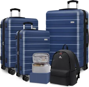 Zebra Luggage Sets 5 Piece, Carry-On Luggage with Spinner Wheels, PC ABS Lightweight Hardside Business Travel Suitcase Set with TSA Lock, Bonus Travel Backpack & Makeup Bag, 20/24/28 inch, Navy Blue