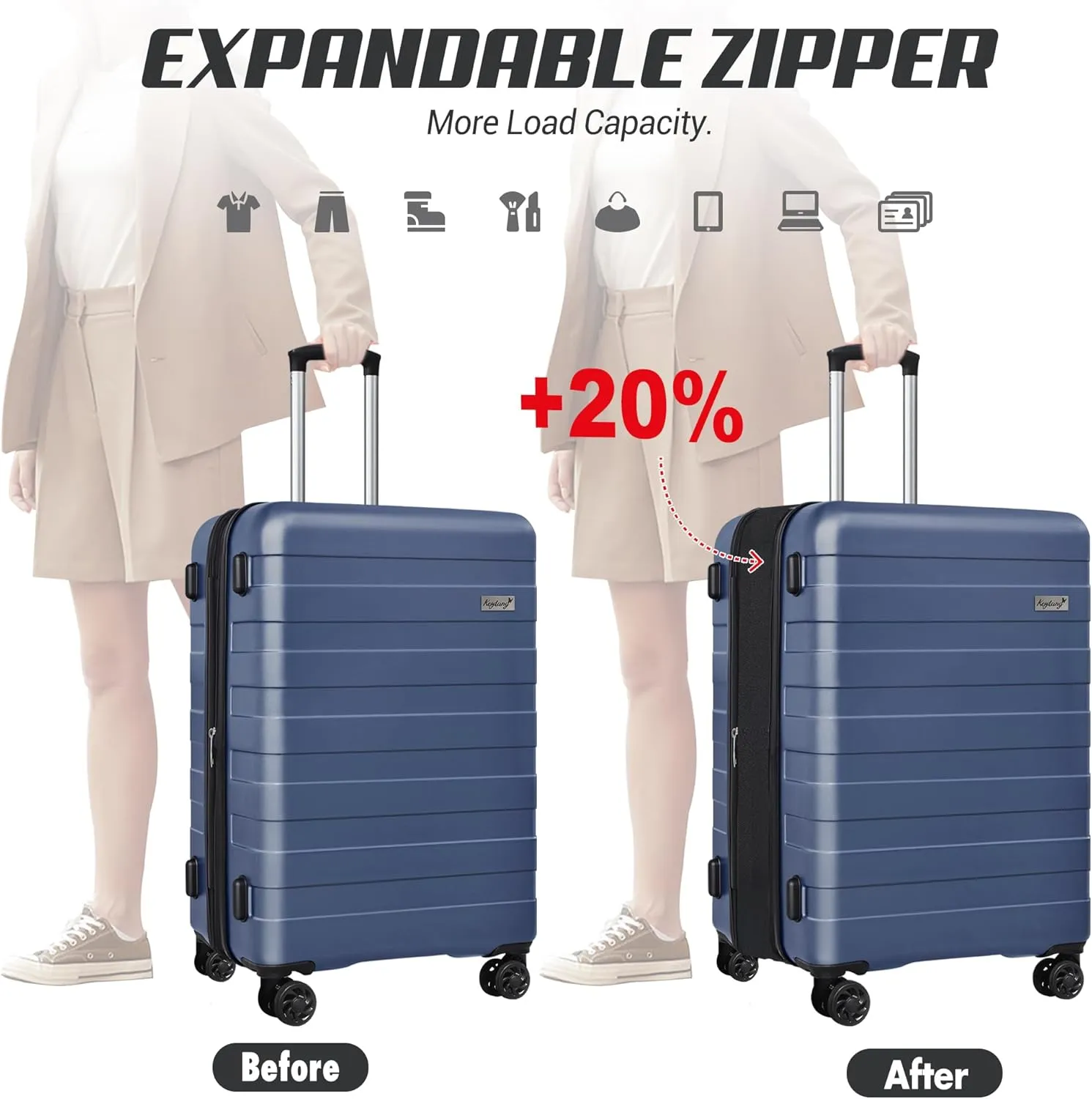Zebra Luggage Sets 5 Piece, Carry-On Luggage with Spinner Wheels, PC ABS Lightweight Hardside Business Travel Suitcase Set with TSA Lock, Bonus Travel Backpack & Makeup Bag, 20/24/28 inch, Navy Blue