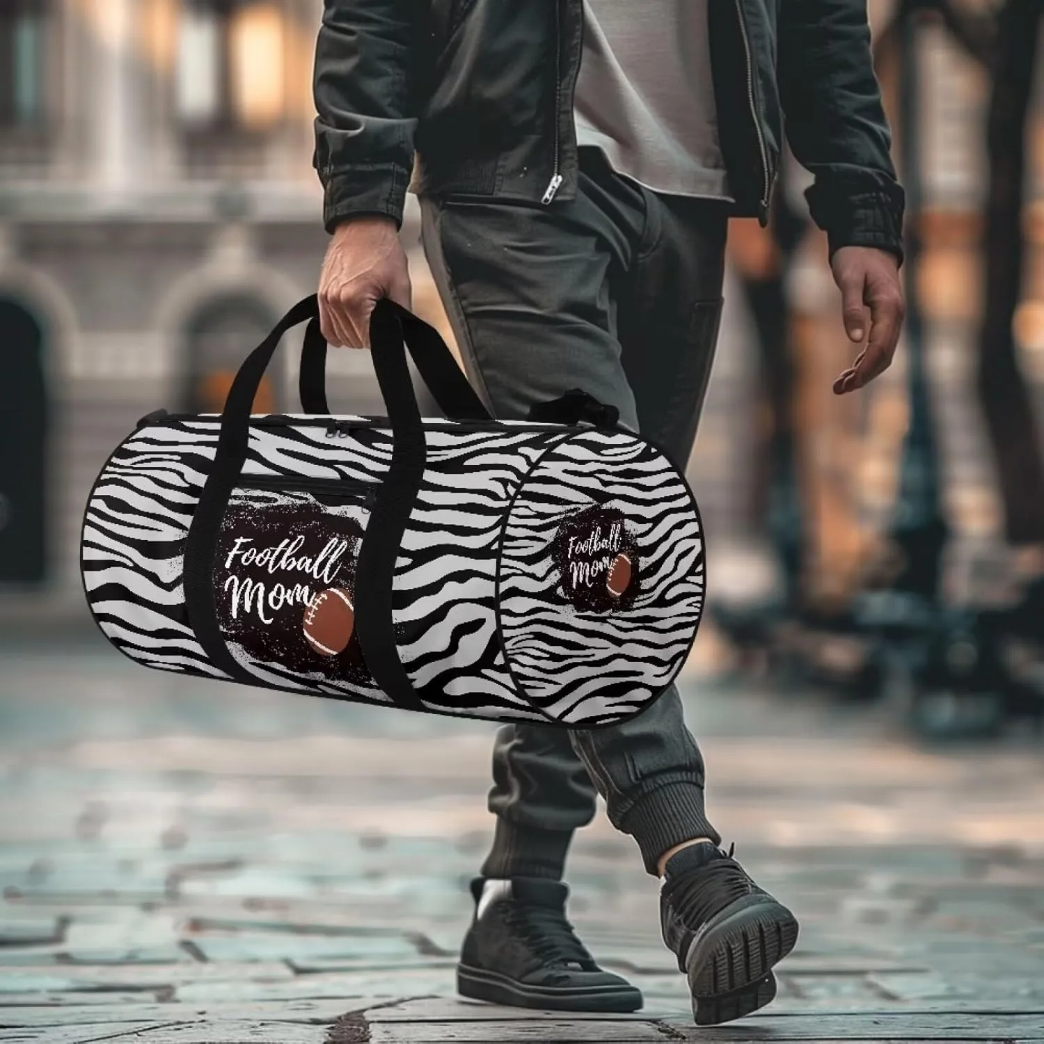 Zebra Stripe American Football Print Travel Duffel Bag Sports Gym Wear Resistant Duffle Bag with Strap and Internal Anti-theft Pocket for Women Men