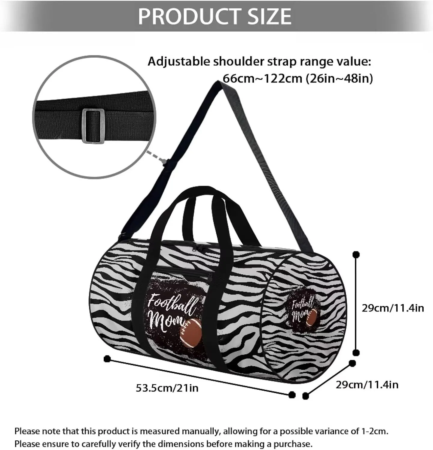 Zebra Stripe American Football Print Travel Duffel Bag Sports Gym Wear Resistant Duffle Bag with Strap and Internal Anti-theft Pocket for Women Men