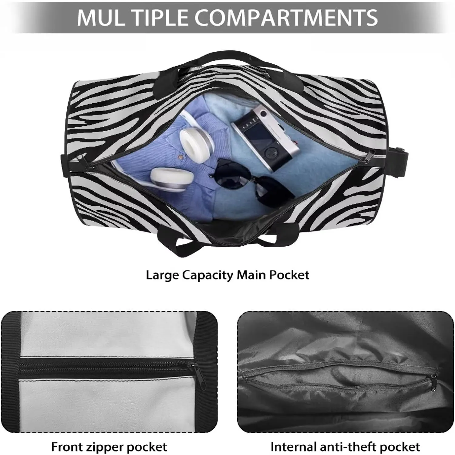 Zebra Stripe American Football Print Travel Duffel Bag Sports Gym Wear Resistant Duffle Bag with Strap and Internal Anti-theft Pocket for Women Men