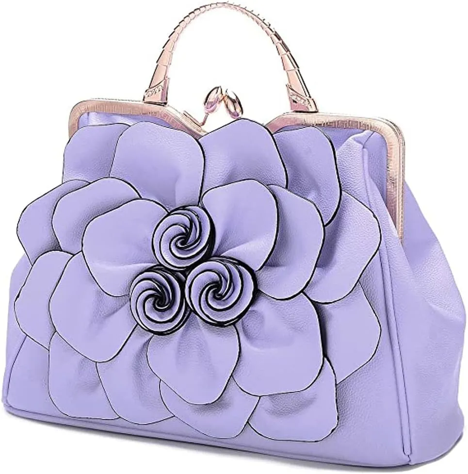 ZiMing 3D Floral Handbags for Women Genuine Leather Tote Bags Kiss Lock Purse Top Handle Bag Satchel Evening Bag Shoulder Bag