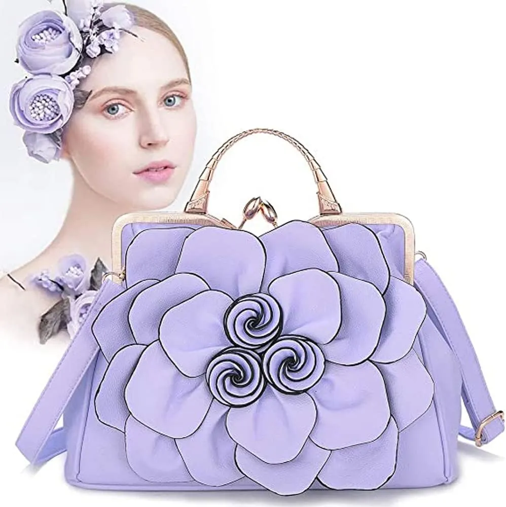 ZiMing 3D Floral Handbags for Women Genuine Leather Tote Bags Kiss Lock Purse Top Handle Bag Satchel Evening Bag Shoulder Bag