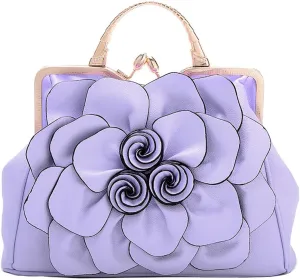 ZiMing 3D Floral Handbags for Women Genuine Leather Tote Bags Kiss Lock Purse Top Handle Bag Satchel Evening Bag Shoulder Bag
