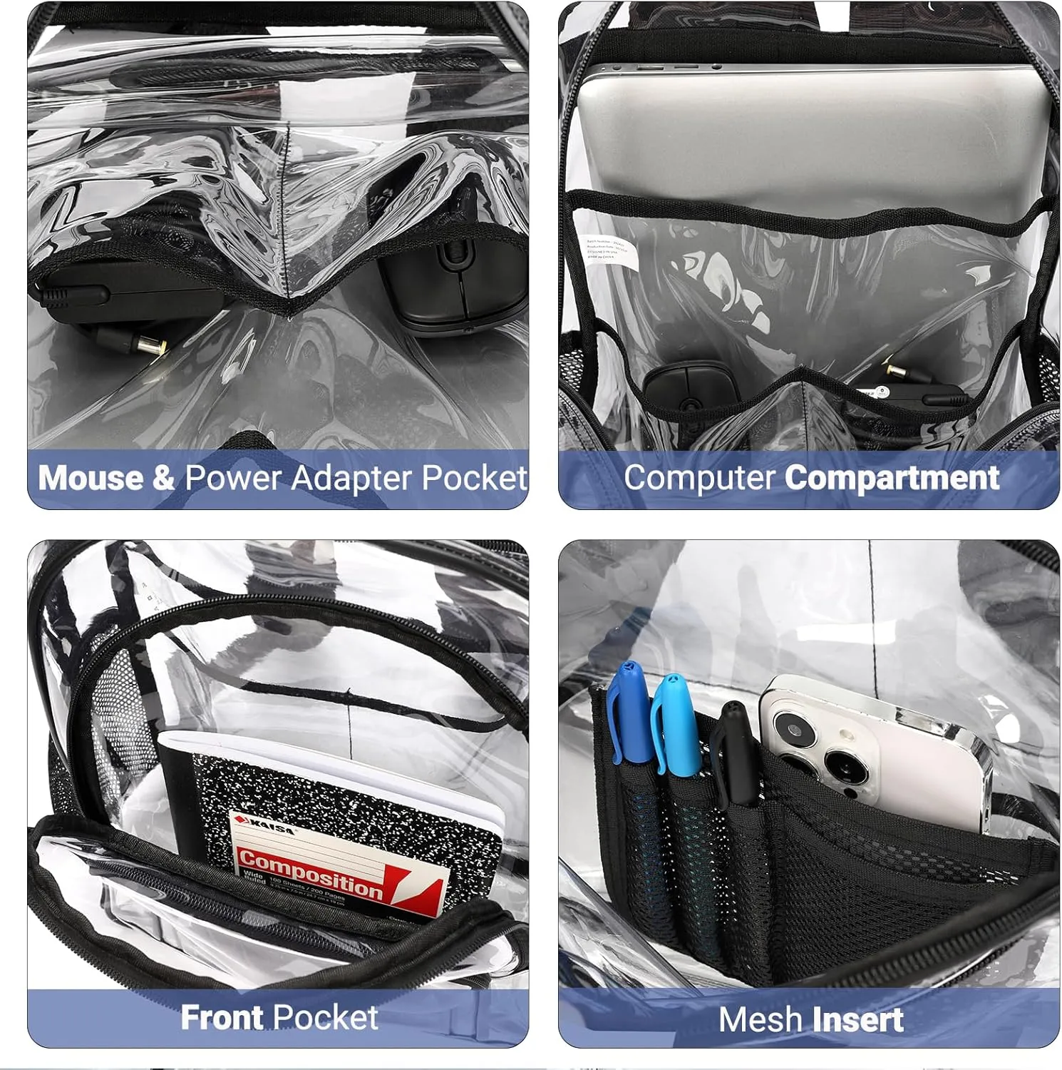 ZORFIN Clear Backpack for School: Large Clear Bookbag - Heavy Duty PVC Transparent Backpack for College Workplace Security Black E
