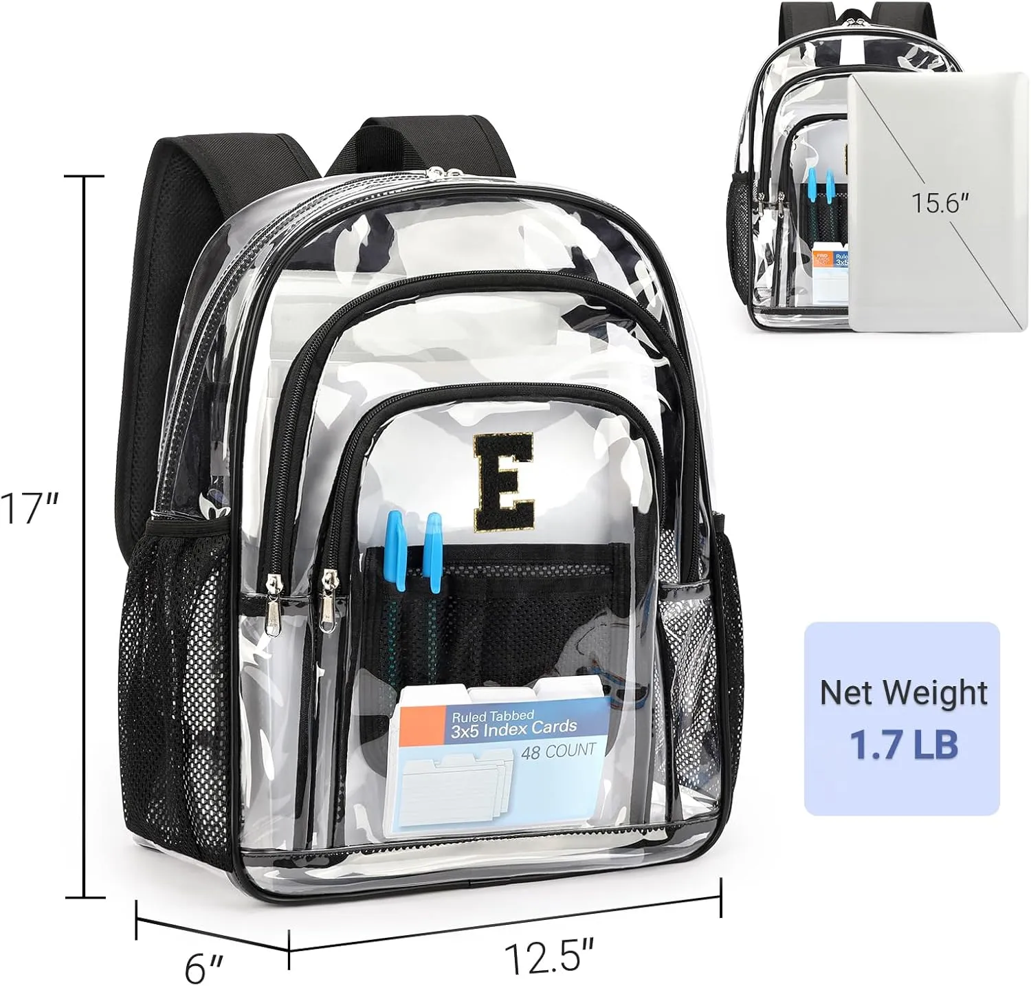ZORFIN Clear Backpack for School: Large Clear Bookbag - Heavy Duty PVC Transparent Backpack for College Workplace Security Black E