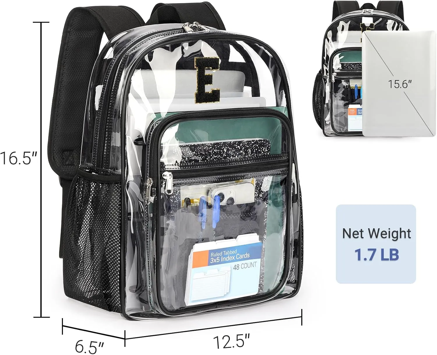 ZORFIN Clear Backpack for School: Large Clear Bookbag with Padded Straps - Heavy Duty PVC Transparent Backpack Black E