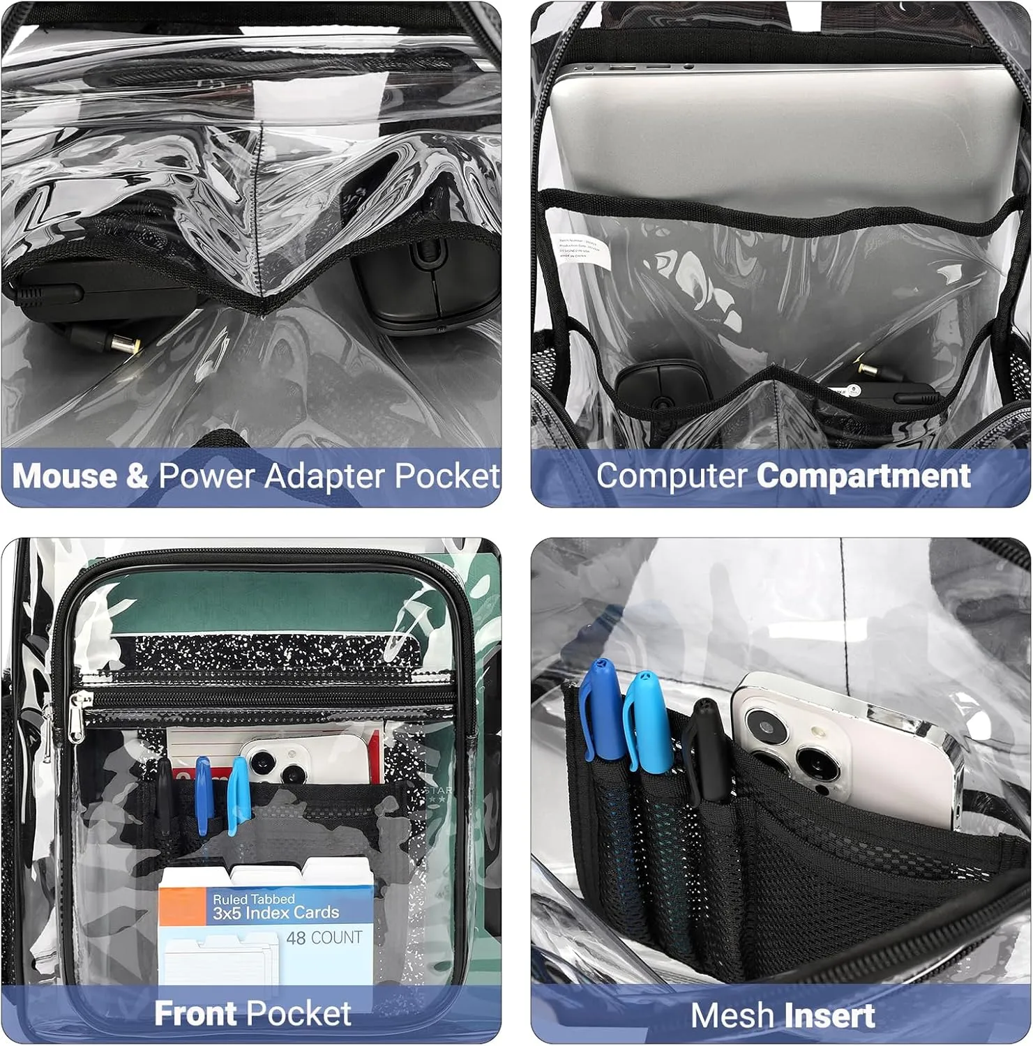 ZORFIN Clear Backpack for School: Large Clear Bookbag with Padded Straps - Heavy Duty PVC Transparent Backpack Black E