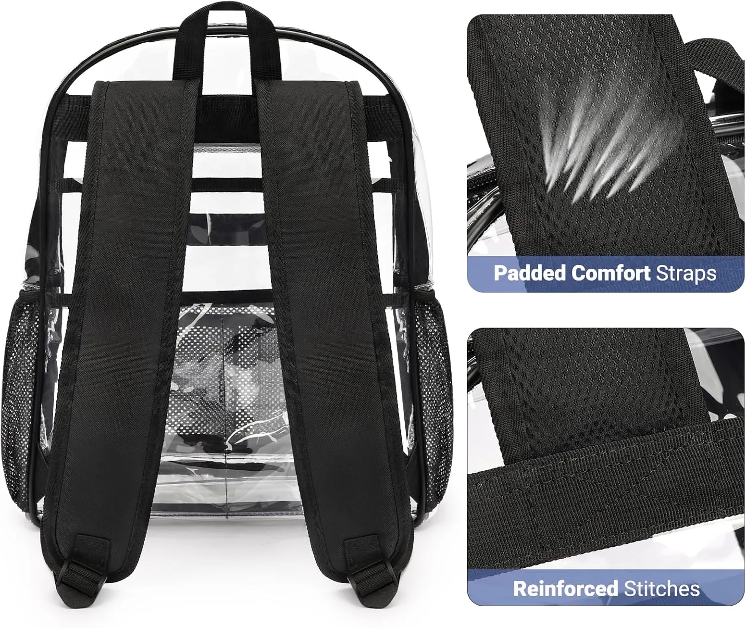 ZORFIN Clear Backpack for School: Large Clear Bookbag with Padded Straps - Heavy Duty PVC Transparent Backpack Black E